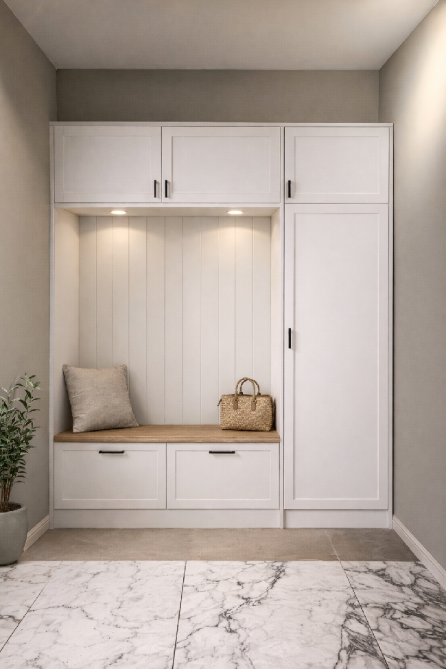 Plassbygd garderobeskap og benk