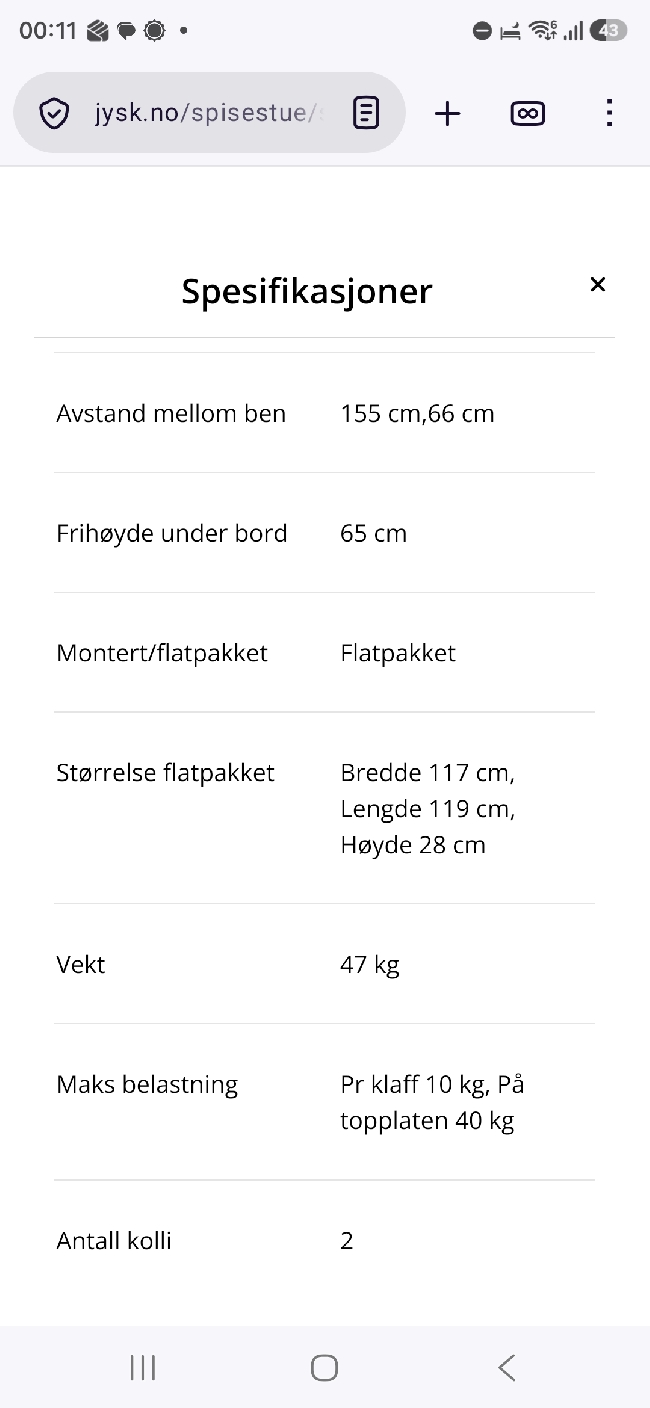 Hente og levere spisebord fra Jysk i Sarpsborg