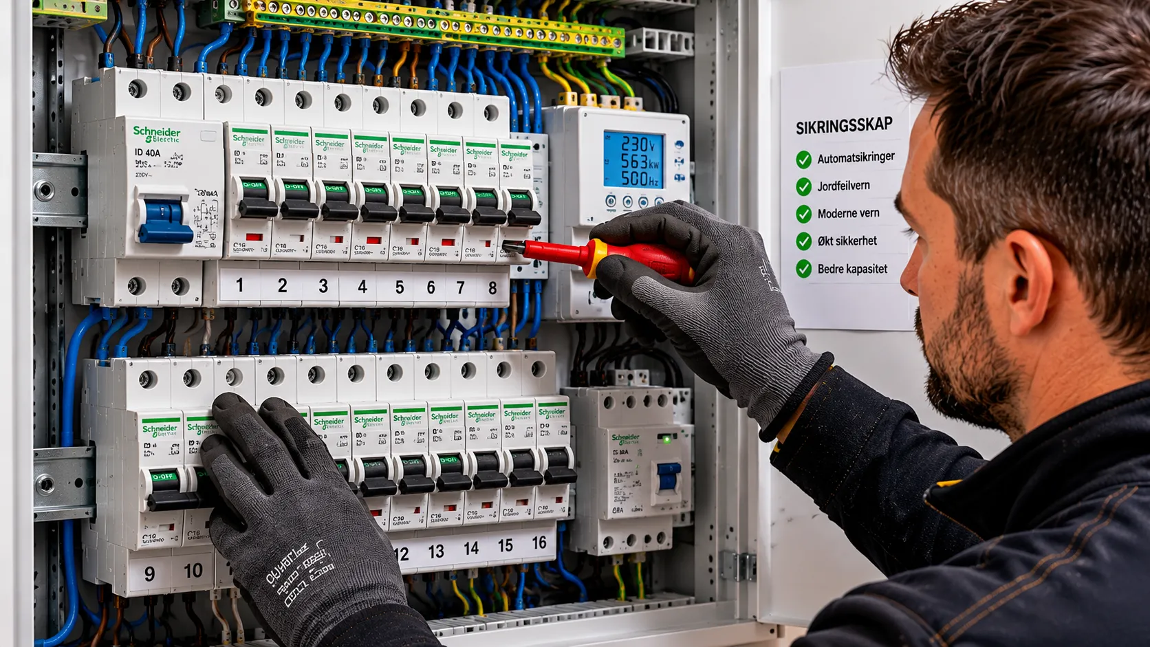 Elektriker arbeider med automatsikringer i moderne sikringsskap
