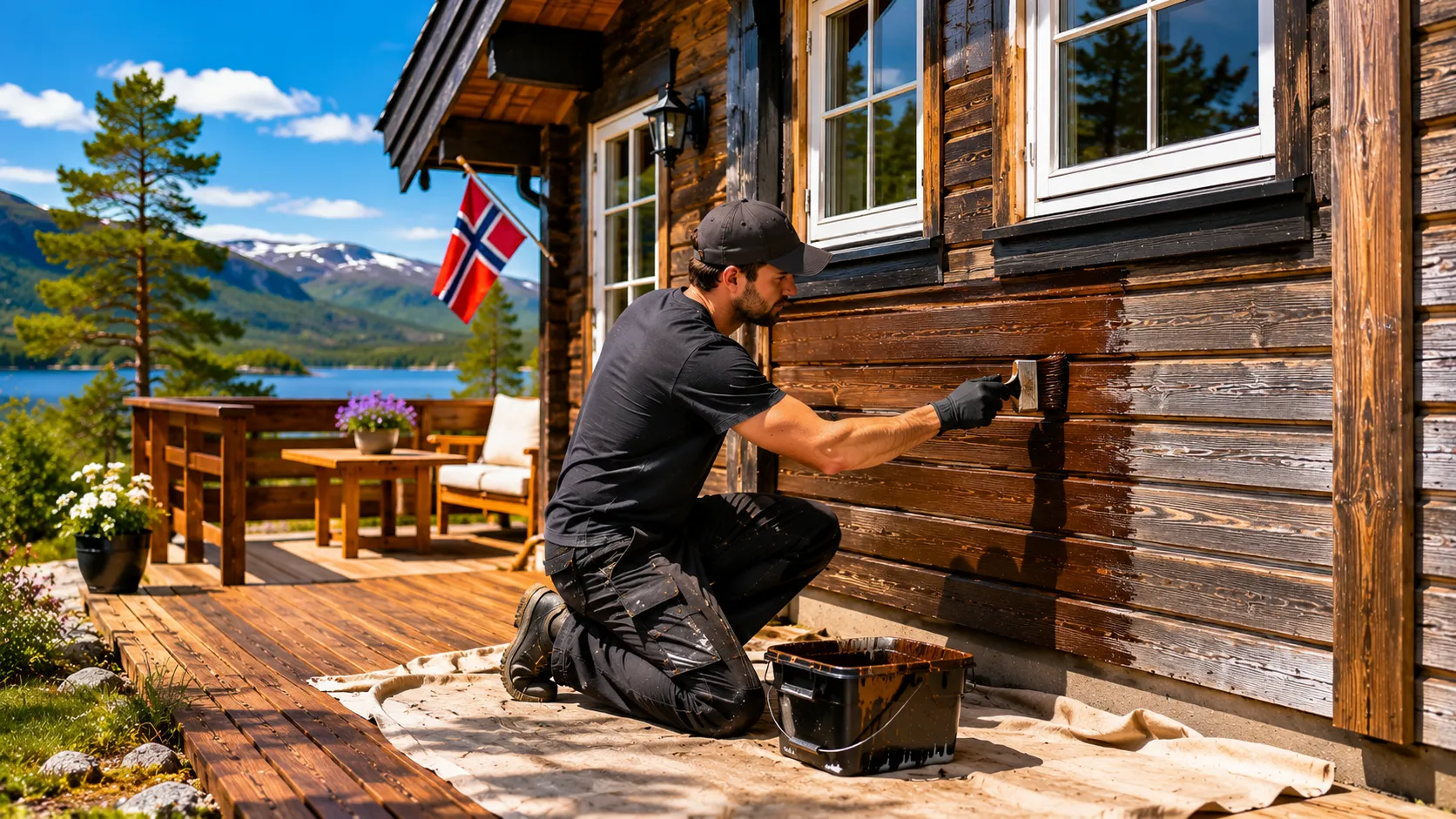 Person som beiser hytte i norsk natur
