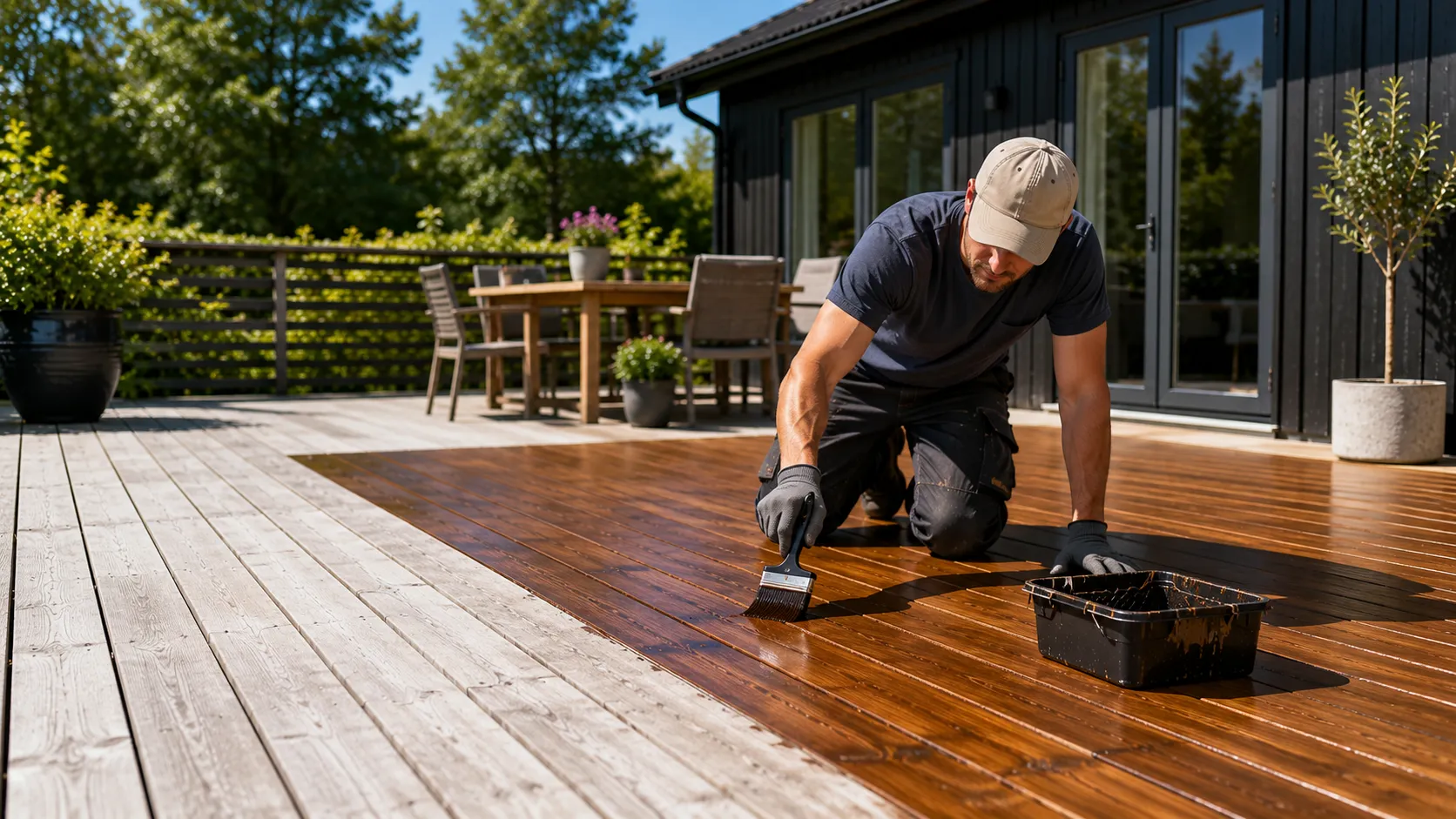 Person som beiser terrasse i norsk hage