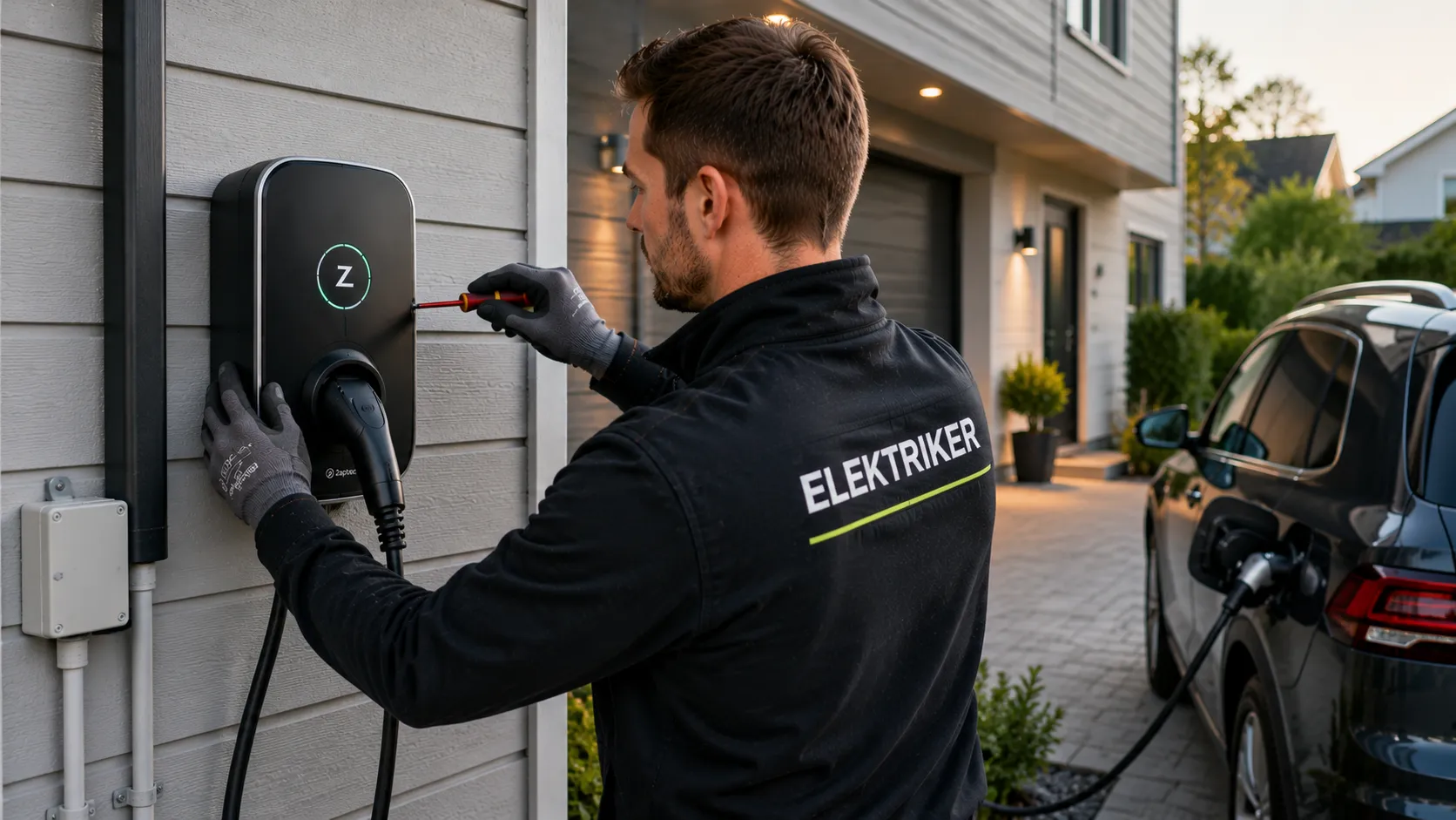 Elektriker monterer elbillader hjemme ved norsk bolig