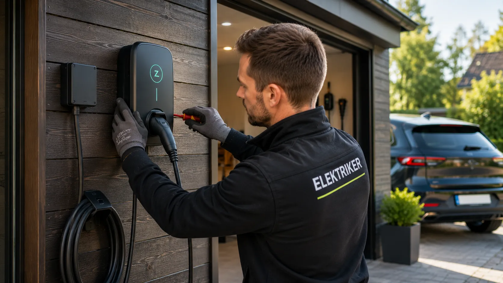 Elektriker installerer elbillader ved moderne norsk bolig