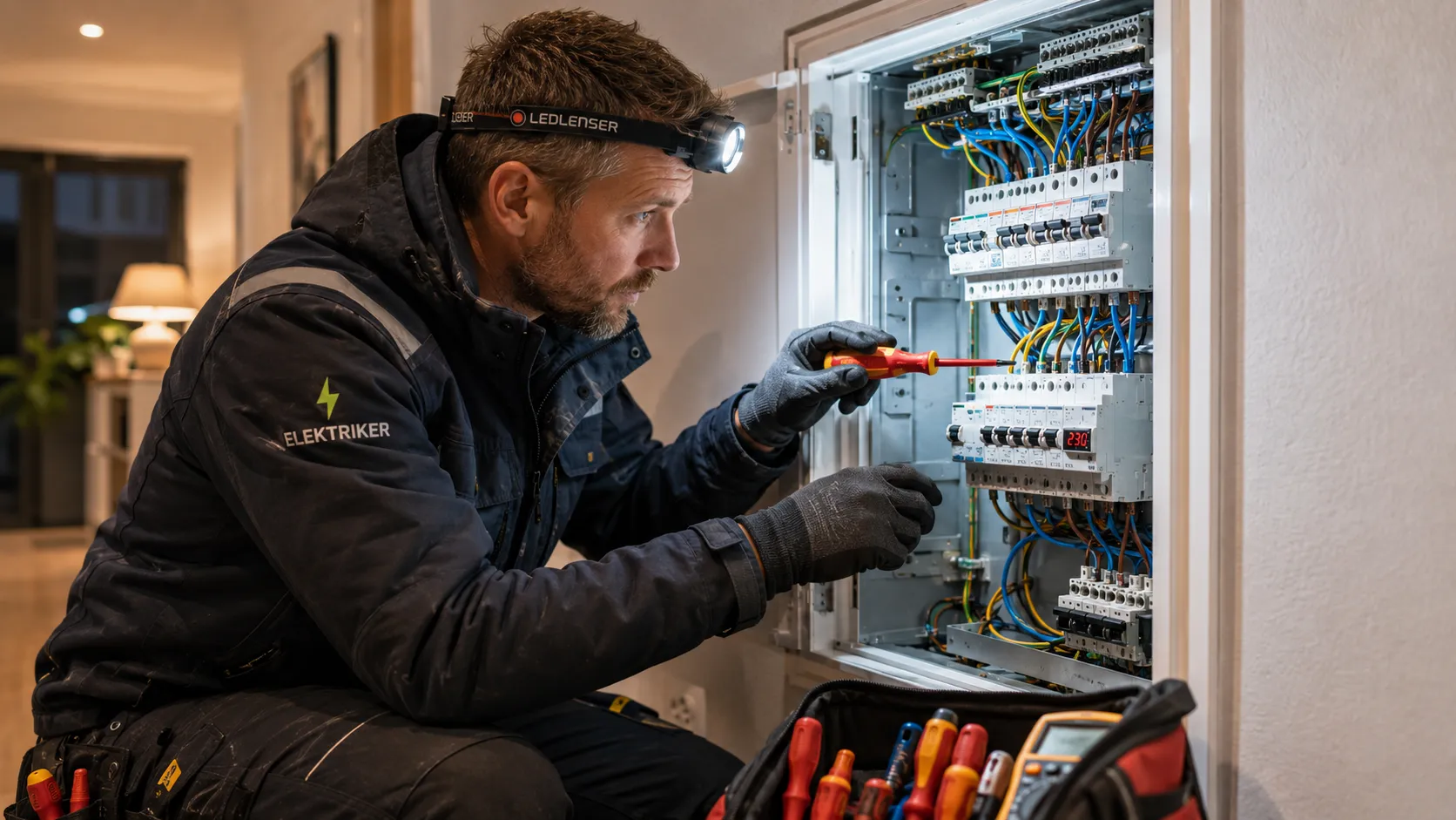 Elektriker utfører akutt feilsøking i norsk bolig