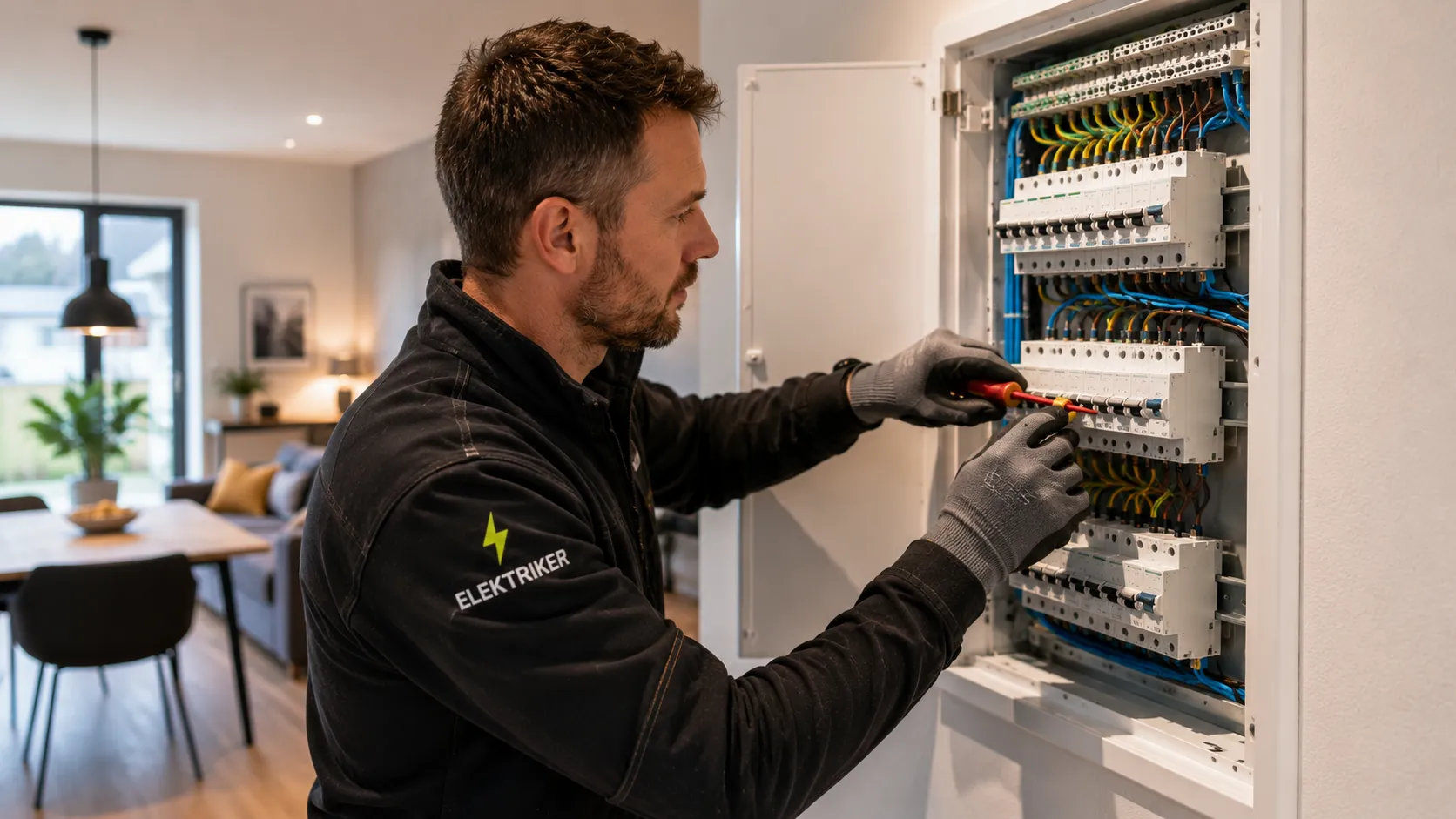 Elektriker arbeider med elektrisk installasjon i moderne norsk bolig