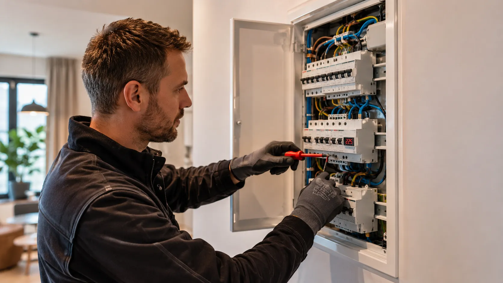 Elektriker utfører elektrisk arbeid i moderne norsk bolig