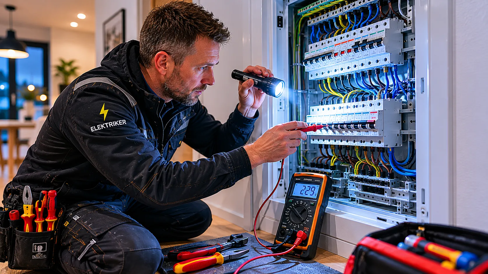 Elektriker utfører elektrisk feilsøking i norsk bolig