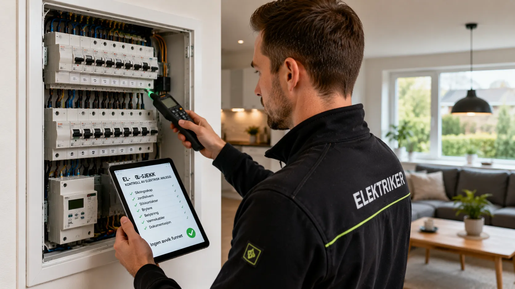 Elektriker utfører elsjekk i moderne norsk bolig