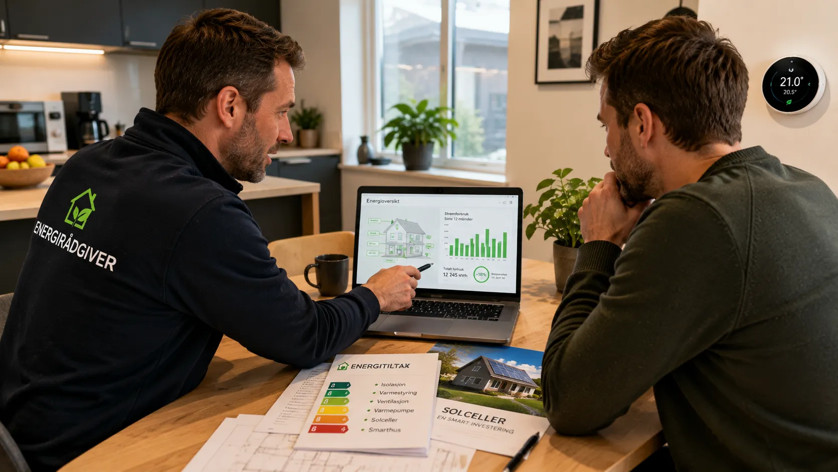 Energirådgiver vurderer energibruk i moderne norsk bolig
