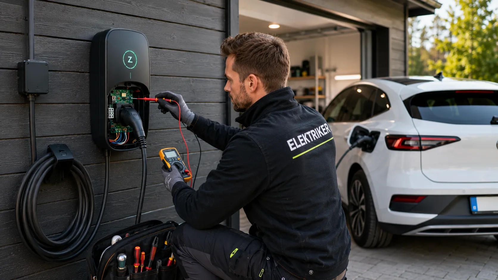 Elektriker feilsøker elbillader ved norsk bolig