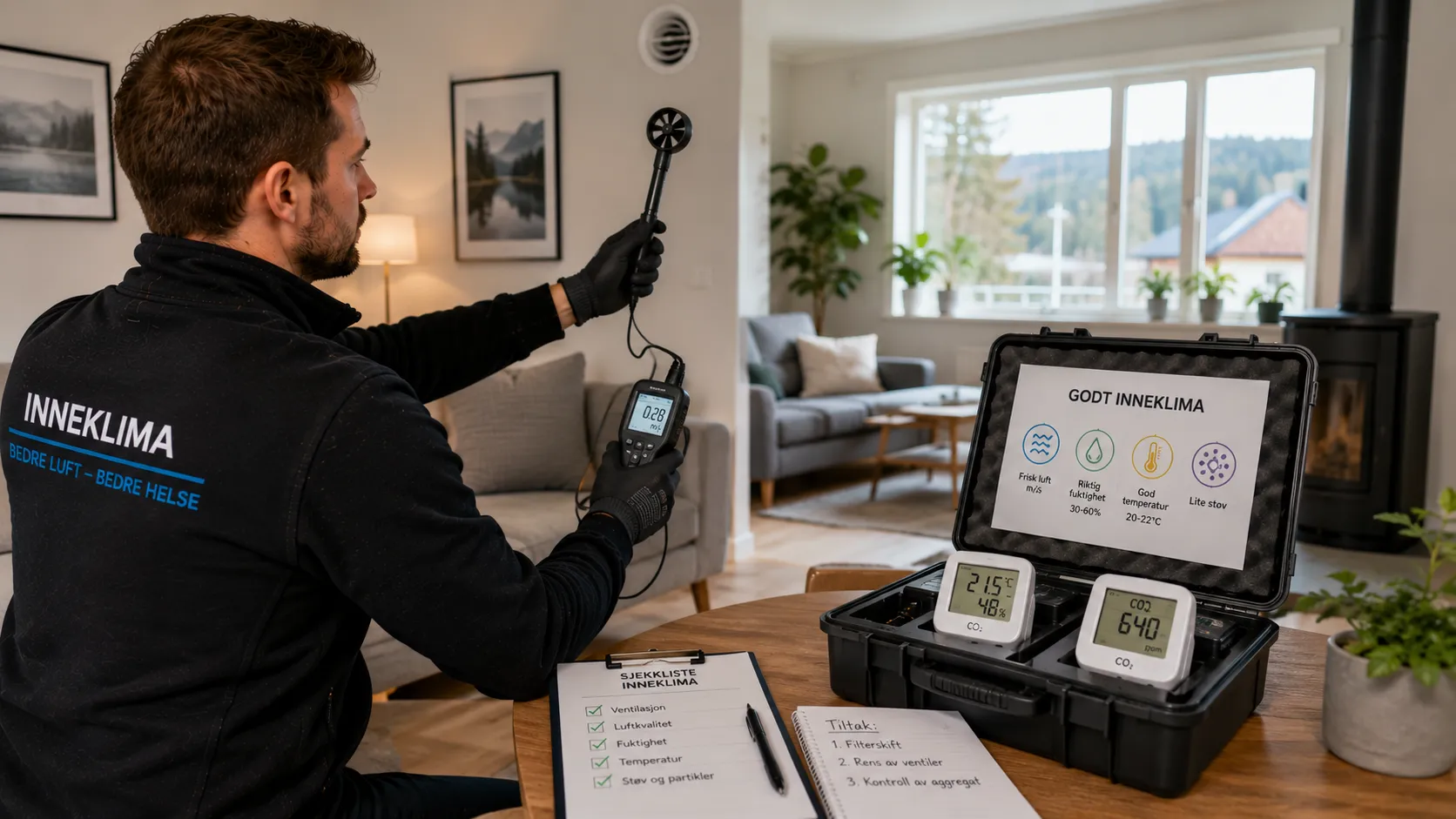 Fagperson vurderer inneklima og ventilasjon i moderne norsk bolig