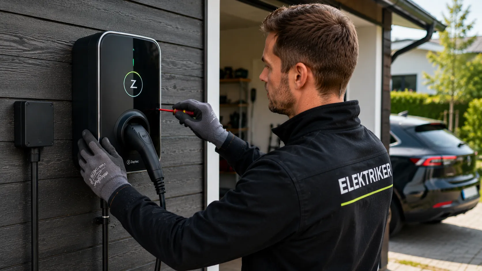 Elektriker installerer elbillader på vegg ved norsk bolig