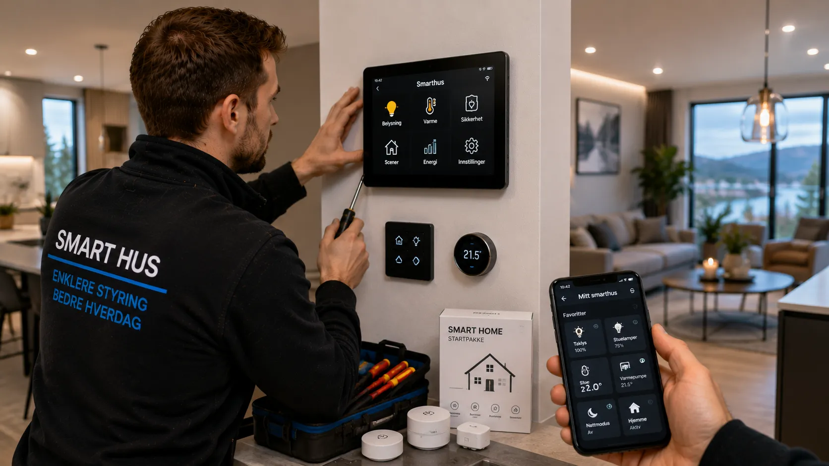 Fagperson installerer smarthus og smart styring i moderne norsk bolig