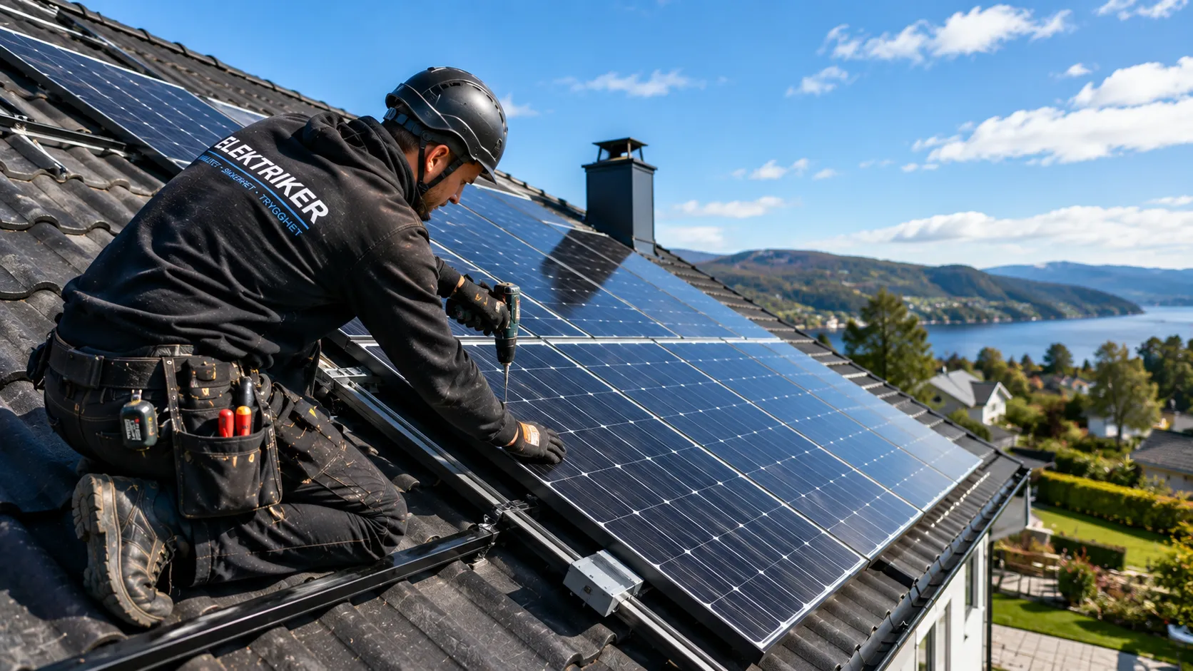 Fagperson installerer solcellepanel på moderne norsk bolig