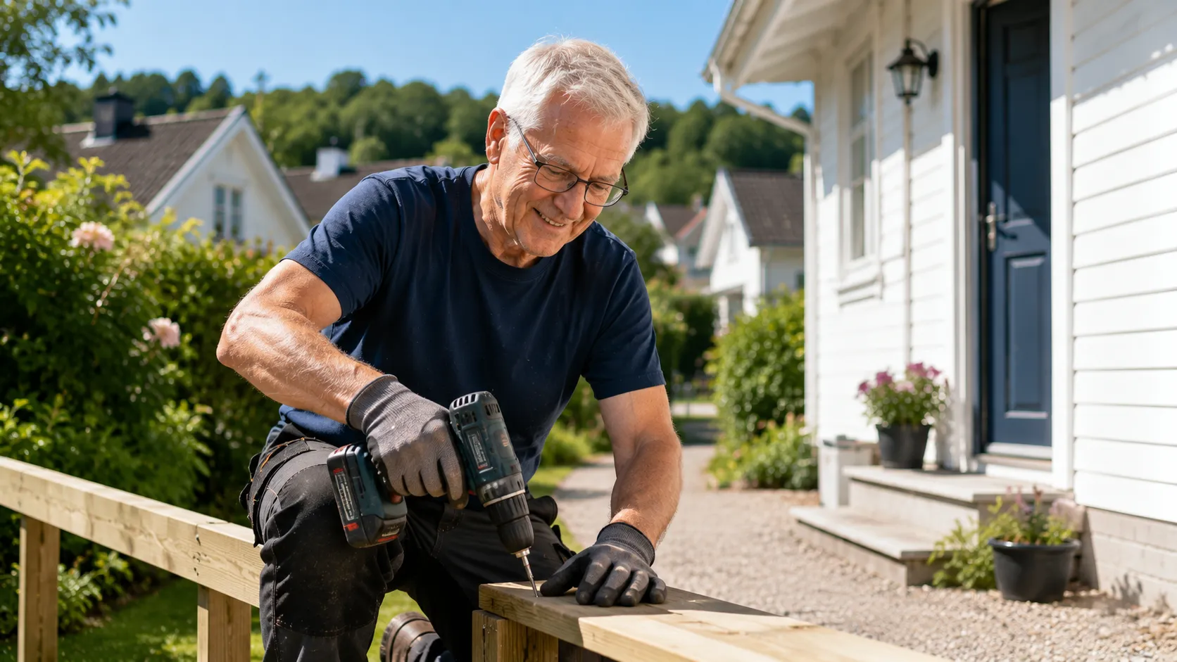 Pensjonist som hjelper til med en praktisk småjobb i et norsk boligområde