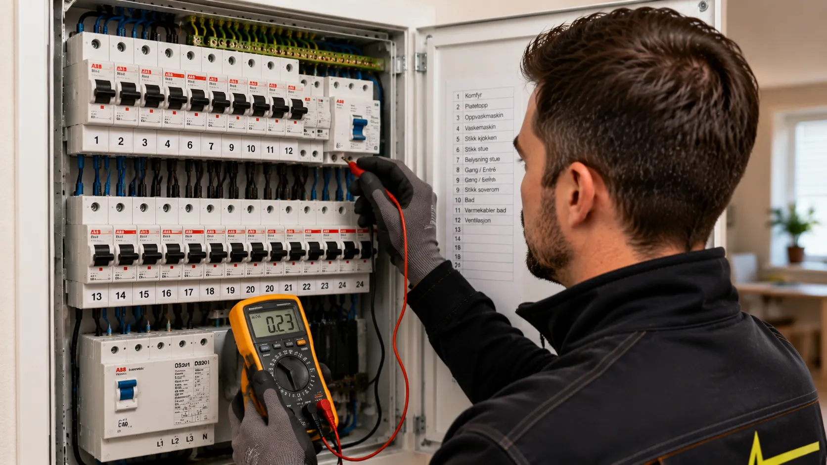 Elektriker utfører feilsøking ved jordfeil i norsk bolig