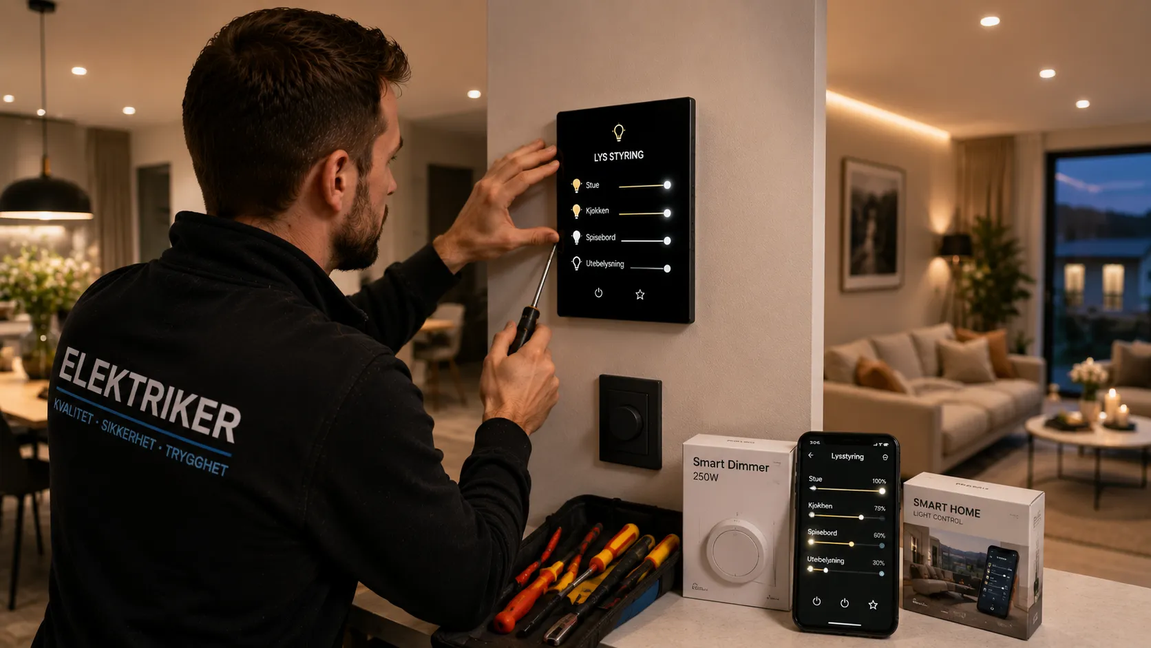 Fagperson installerer smart lysstyring i moderne norsk bolig