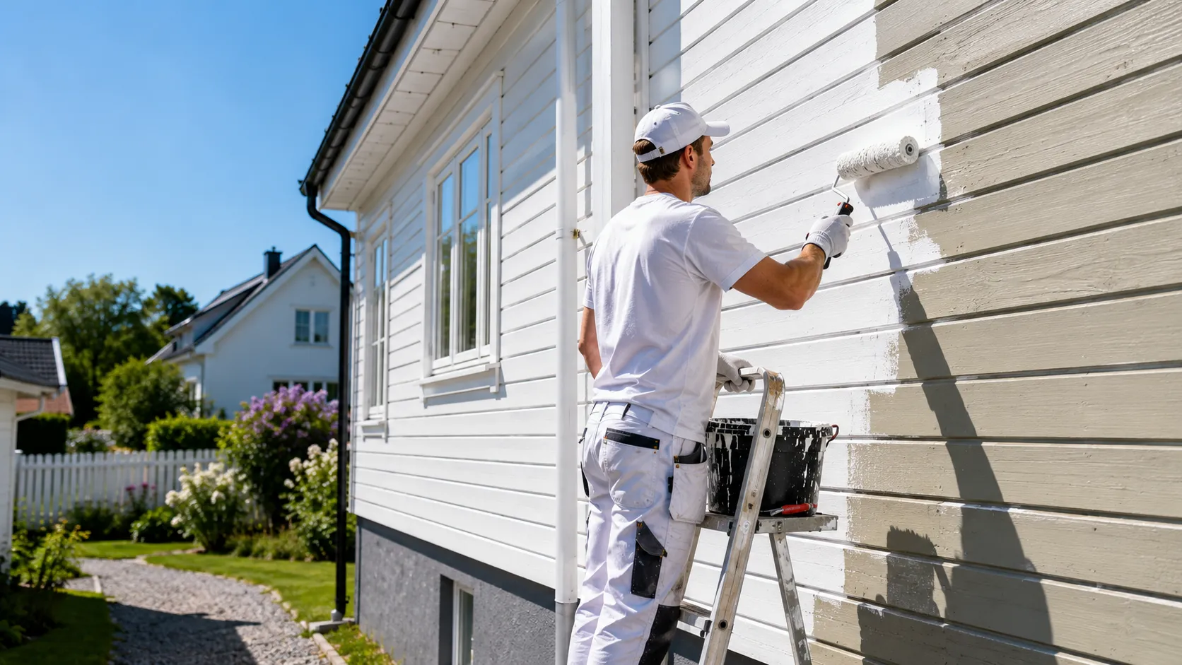 Person som maler husfasade i norsk boligområde