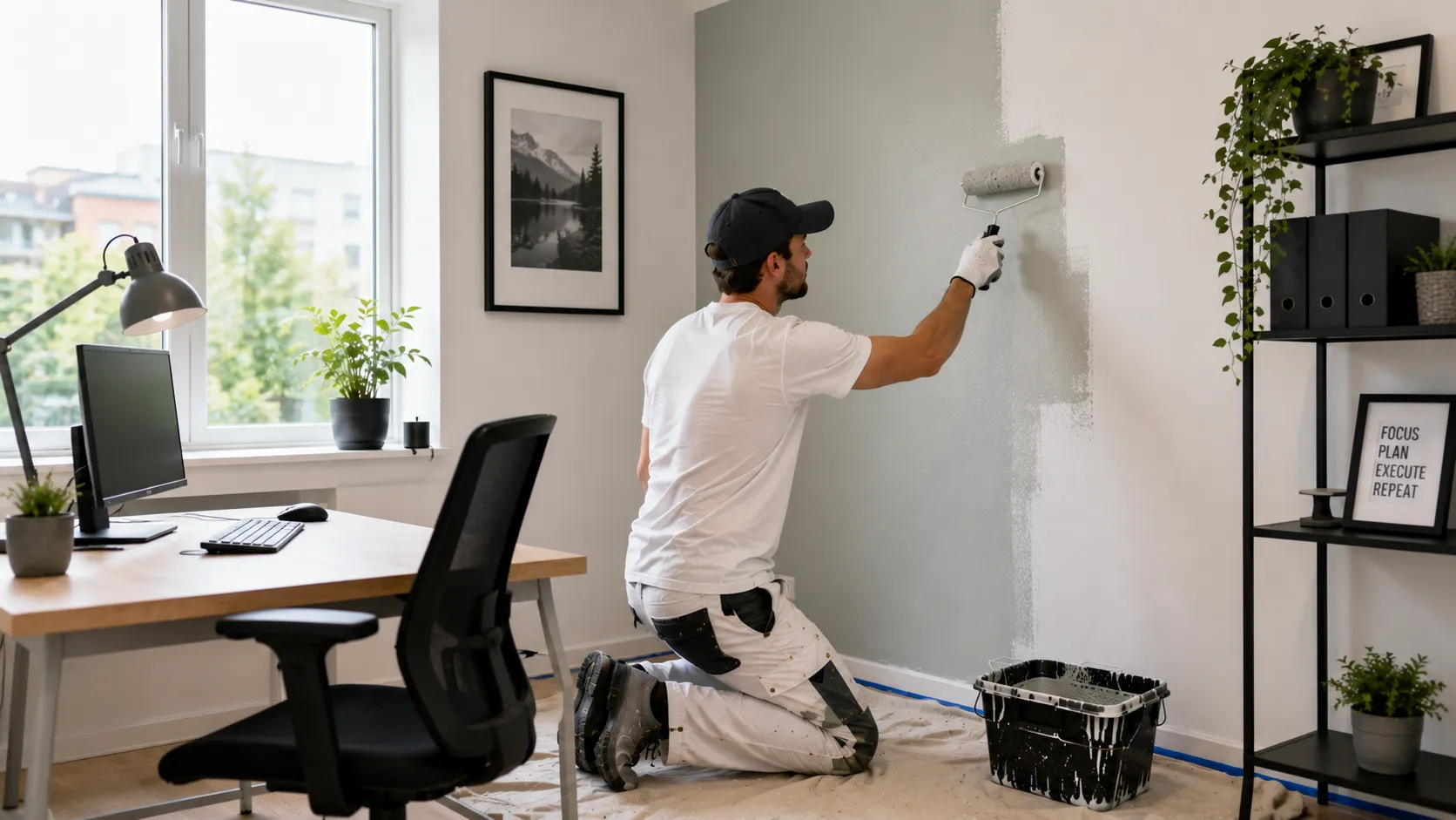 Person som maler kontor i moderne norsk arbeidsrom