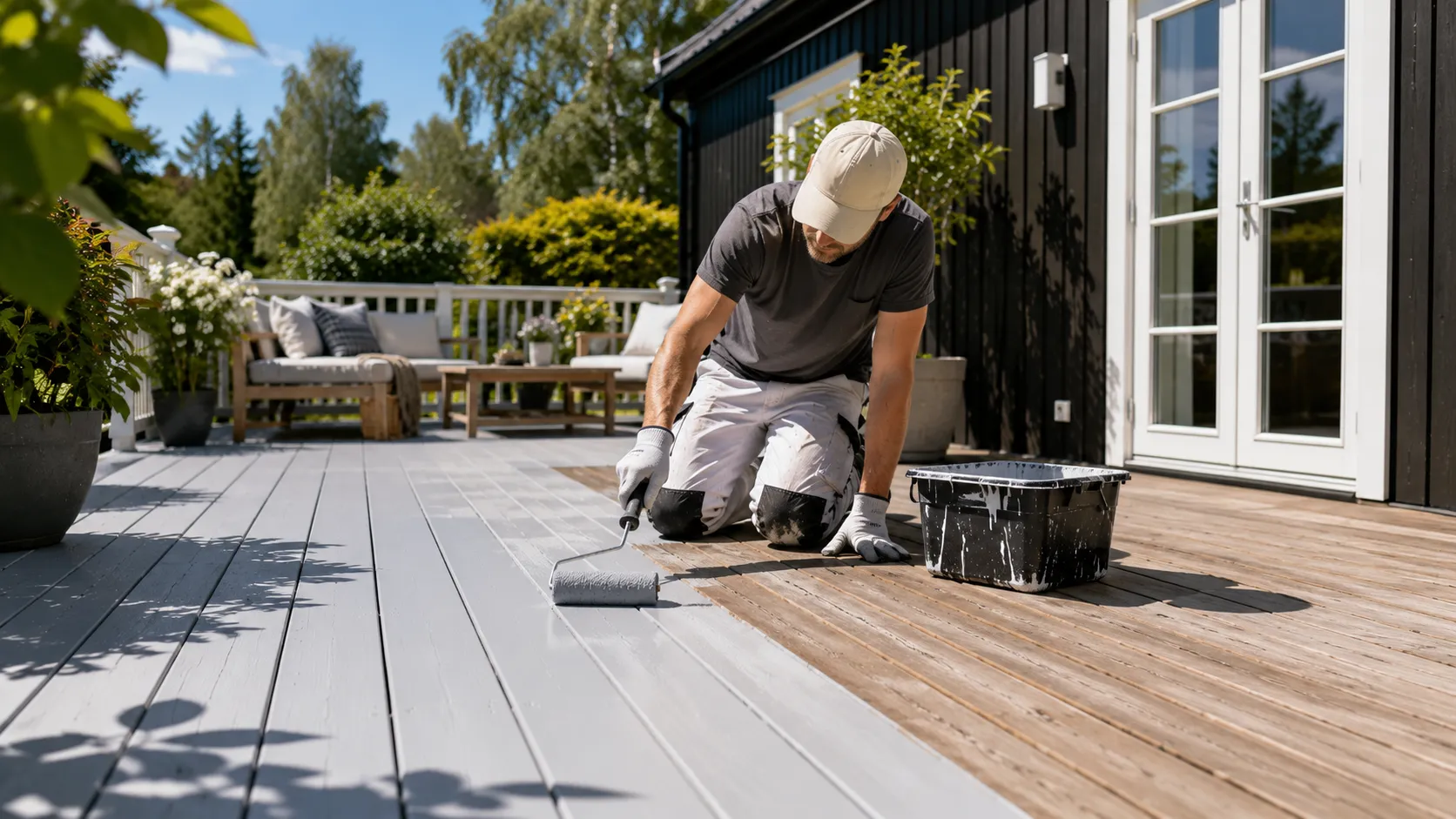 Person som maler terrasse i norsk hage