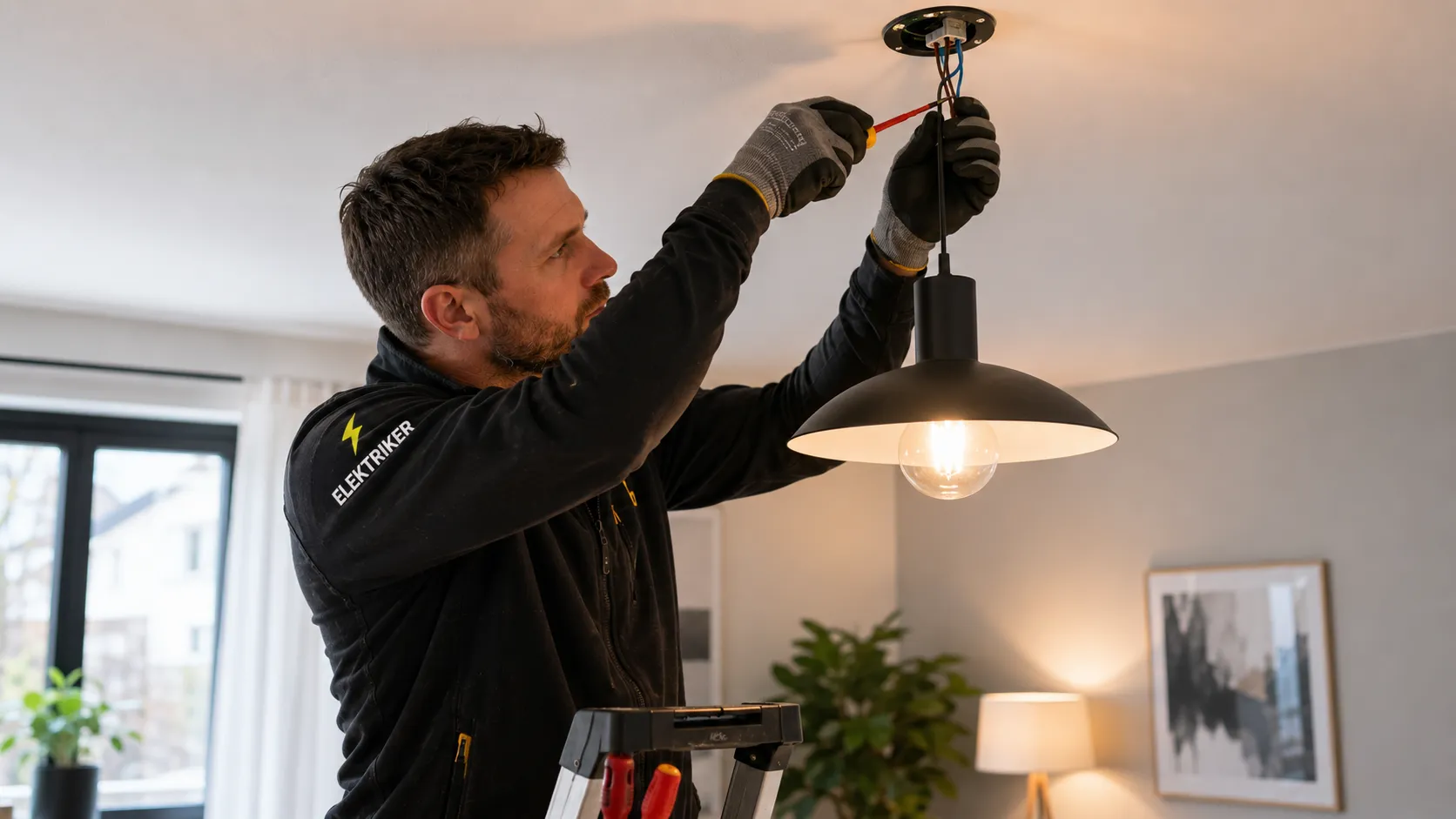 Elektriker monterer lampe i moderne norsk bolig