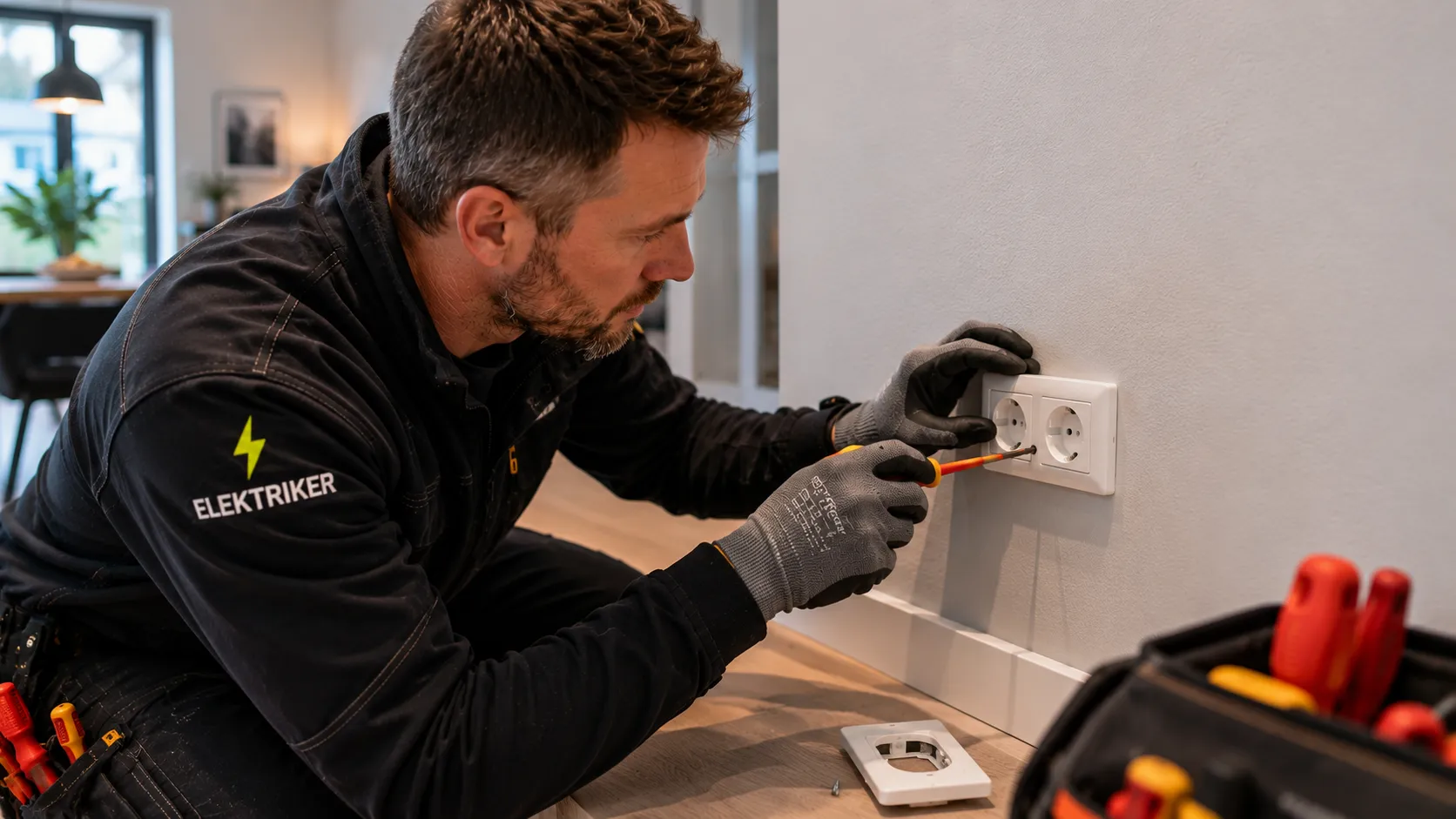 Elektriker monterer stikkontakt i moderne norsk bolig