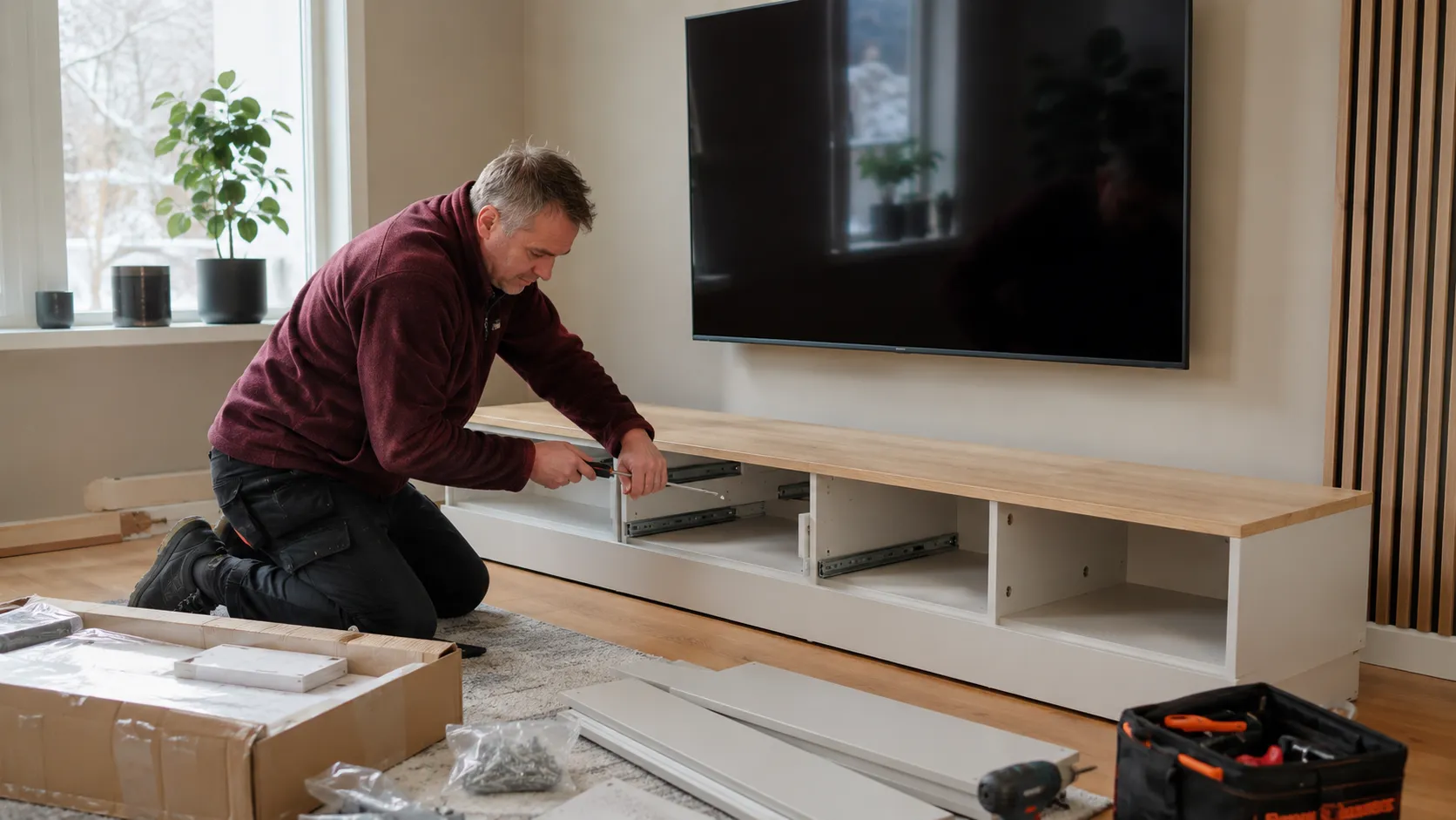 Montere TV-benk i Steinkjer med hjelp til TV-møbel, hyller og oppbevaringsmøbler