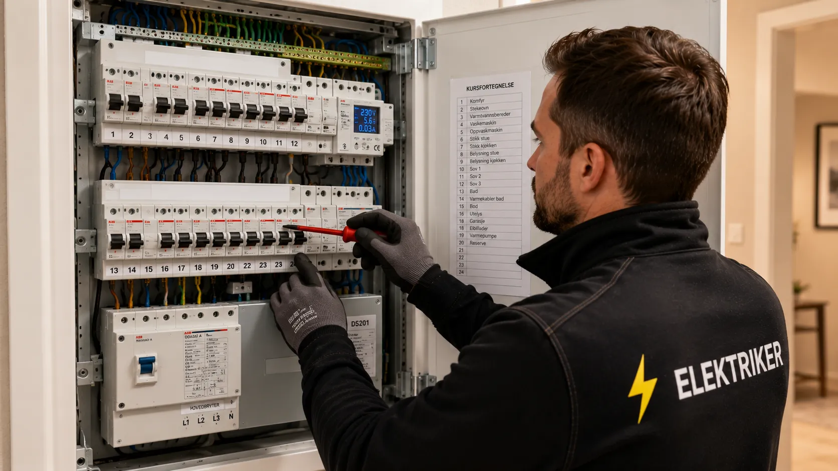 Elektriker oppgraderer moderne sikringsskap i norsk bolig