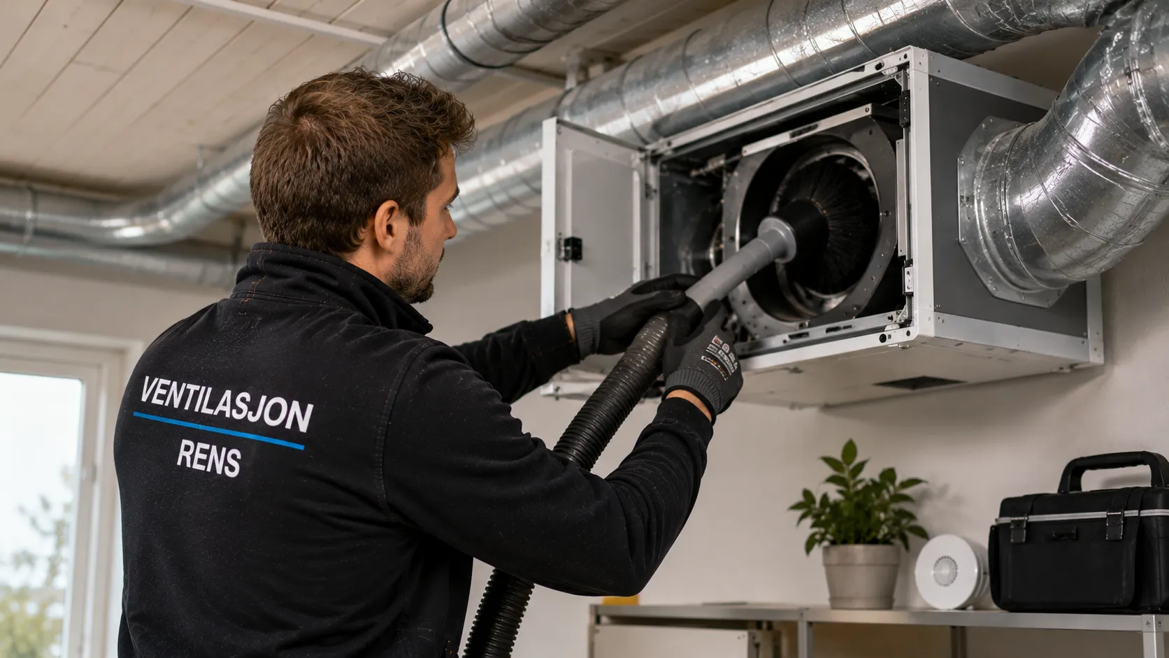Fagperson renser ventilasjonsanlegg i norsk bolig