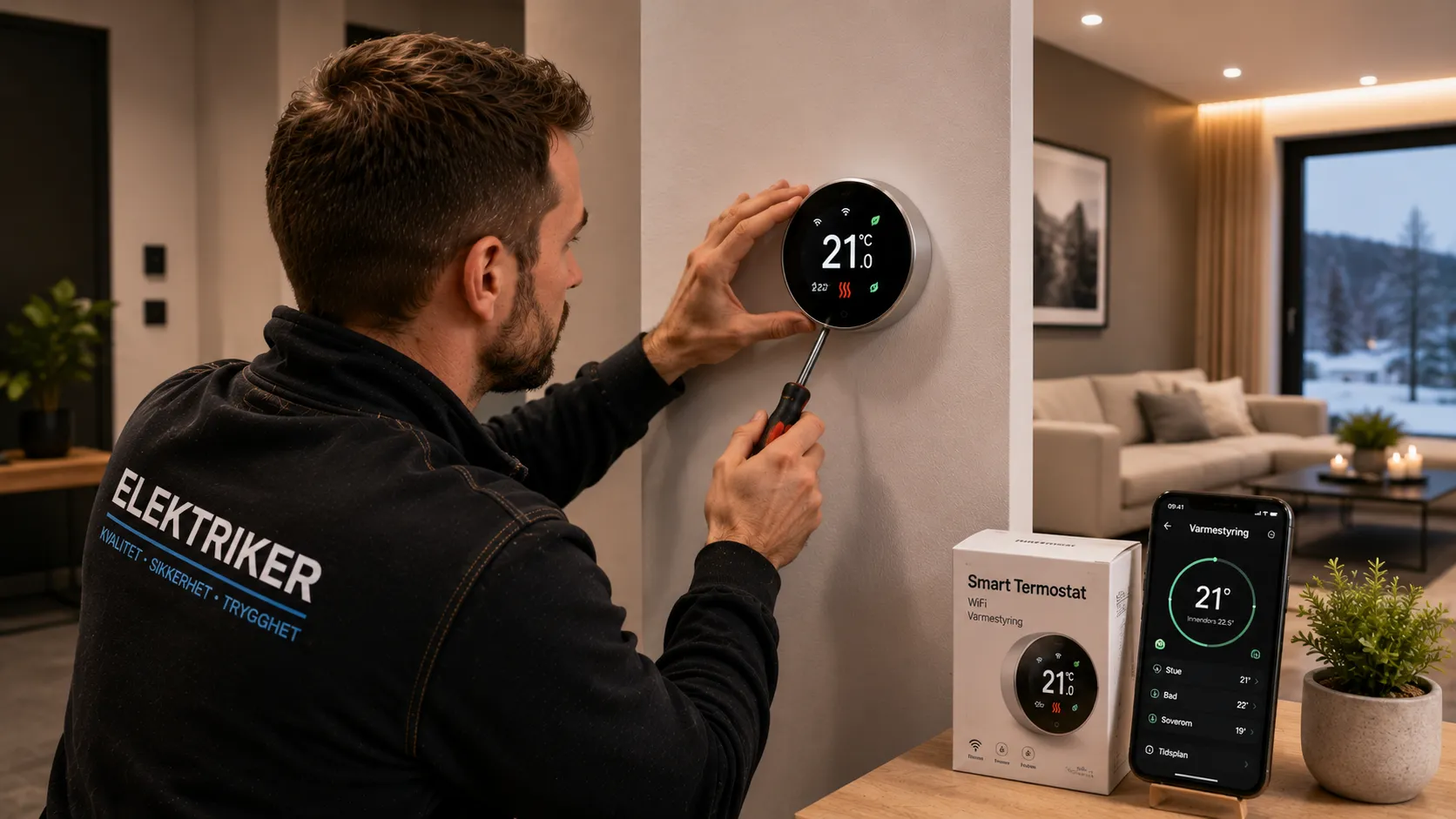 Fagperson installerer smart termostat og varmestyring i moderne norsk bolig
