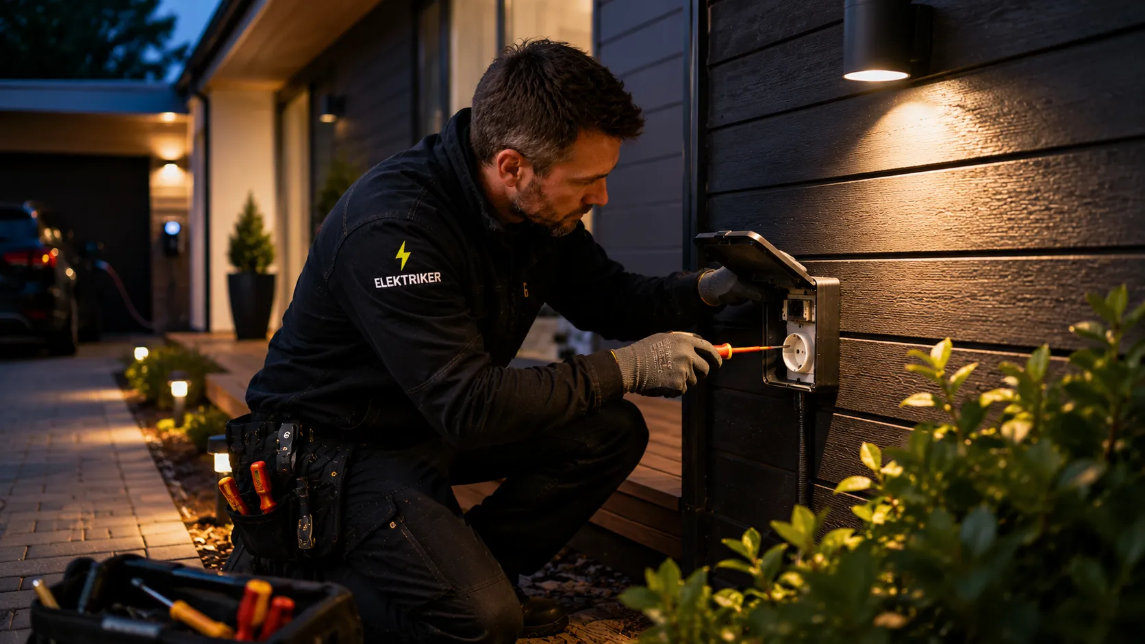 Elektriker utfører utendørs elektrisk arbeid ved moderne norsk bolig