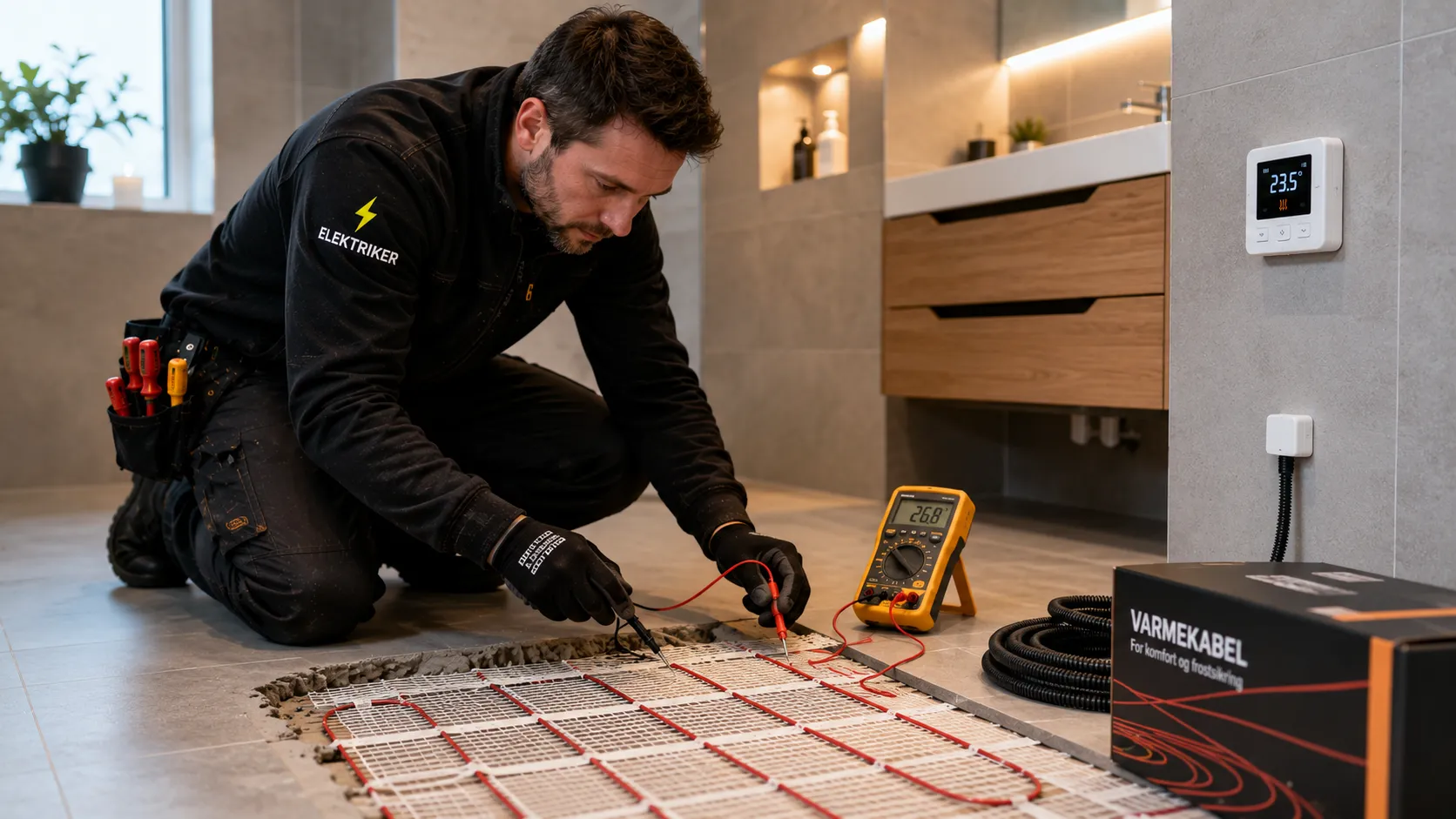 Elektriker kontrollerer varmekabler og termostat i norsk bolig